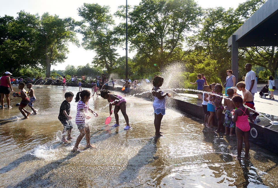 Cool off on a hot summer day at the expansive LeFrak Splash Pad in Prospect Park. Photo by Martin Seck for Prospect Park Alliance