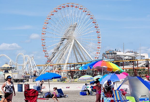 View of the boardwalk from Wildwoods free beaches