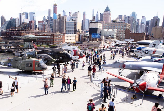 The flight deck of the Intrepid Museum with Midtown Manhattan in the background