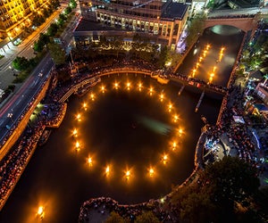 The annual WaterFire festival is among the most unique things to do in Providence. An aerial view shows just how big WaterFire has gotten. Photo by Jeff Stolzberg