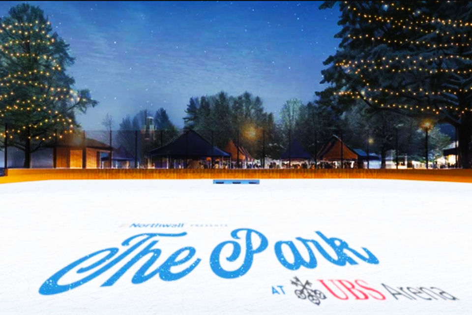 The Park at the UBS Arena features two new ice skating rinks. Rendering courtesy of Populous 