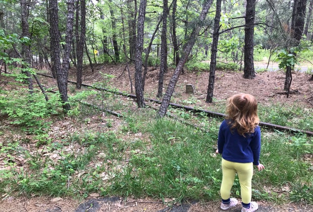 girl looking at railroad tracks along a hiking path