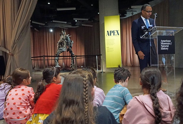 New dinosaur arrives at AMNH: School kids watch unveiling