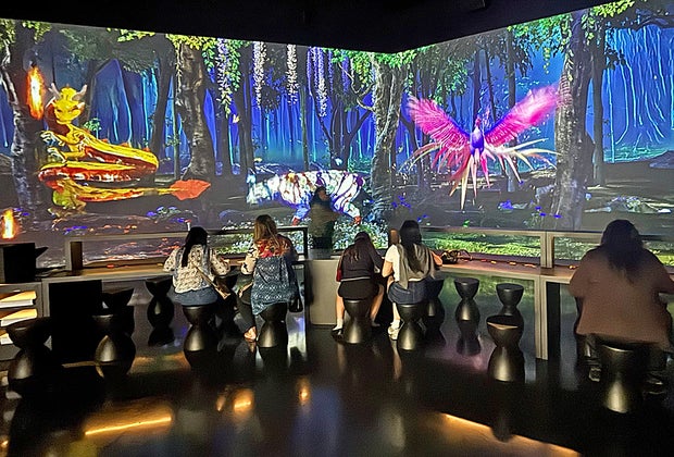 Arte Museum: Adults coloring in a room filled with animal projections.