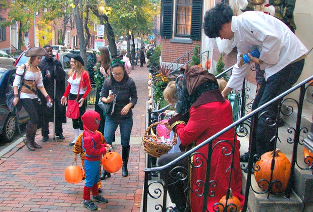 Photo of trick-or-treating in Boston's Beacon Hill neighborhood.