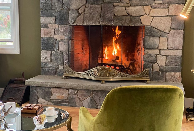 Kenoza Hall in the Catskills comfortable room with a fireplace