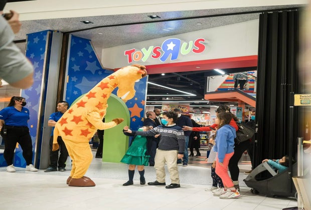 Geoffry greets visitors to the newly opened Toys R Us at American Dream