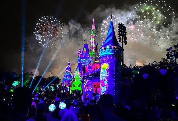 Mickey's Not-So-Scary Halloween Party Watch the frightfully fun fireworks display featuring Mickey, Minnie, Donald and Goofy.