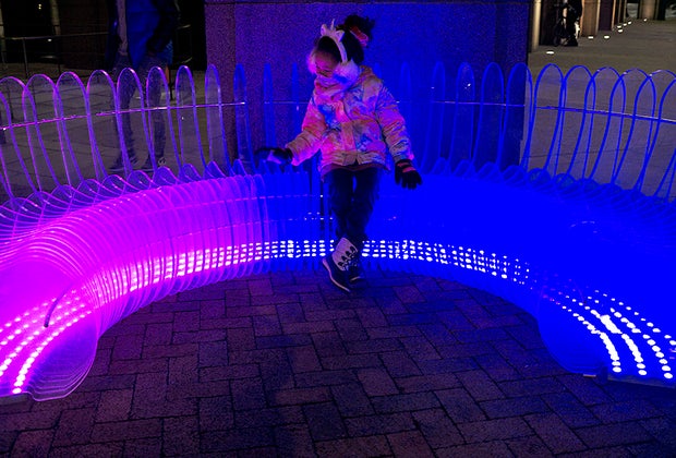 C/C semi-circle lighted acrylic bench public art nyc
