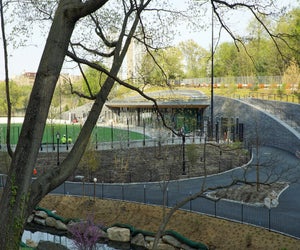 The exterior footprint of the new Davis Center at the Harlem Meer is camoflauged by the landscape, but its programming impact will be hefty. 