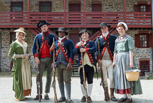 Historical interpreters pose outside The Old Barracks Museum. : Best NJ Children's Museums in South and Central Jersey
