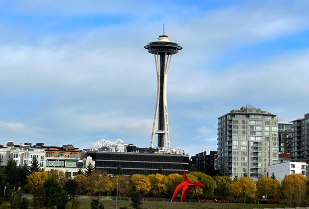 See the Space Needle (seen here from a tour on the harbor!), with Olympic Park before it.