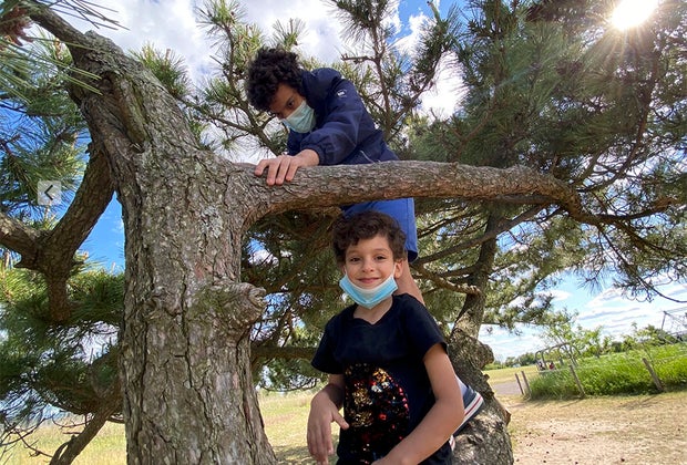 two boys climb a tree