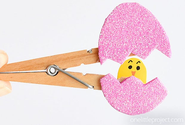 Easy Easter Crafts for Kids: Clothespin eggs hide a cute chick surprise.