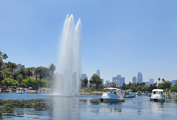 The fountain in the middle of Echo Park Lake as seen from the swan boats.