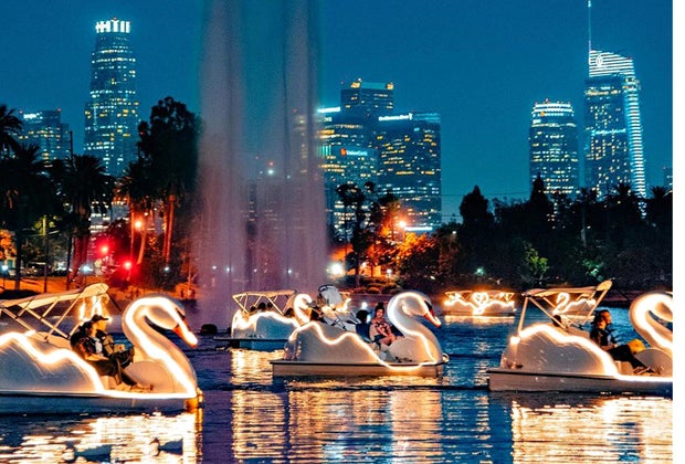 Echo Park Lake swan boats light up the night.