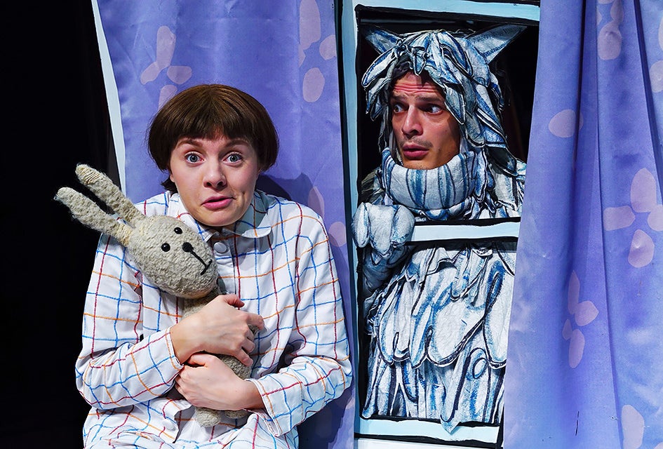 Friendship blossoms between a little girl and a monster in <em>Emily Brown and the Thing</em> at the New Victory Theater. Photo courtesy of Tall Stories