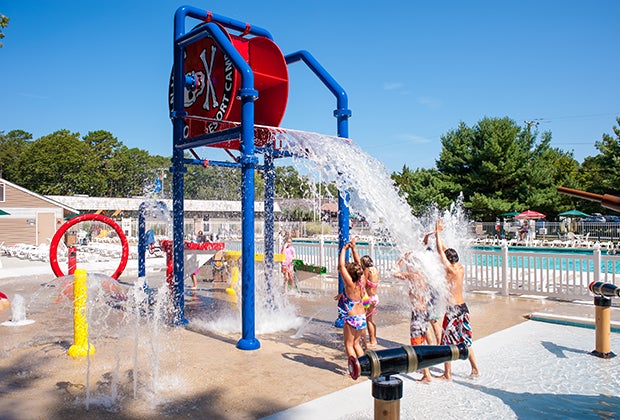 Ocean View Resort Campground in New Jersey offers a splash pad, swimming pool