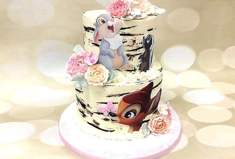 A tiered Bambi cake from Fanny Cakes in Nesconset is a sweet birthday delight.