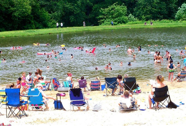 People on the beach at Four Seasons Family Campground in New Jersey