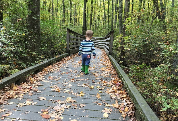 Boy walks down the hiking trail at Great Swamp National Wildlife Refuge