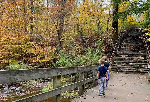 kids peer over a bridge into a river at Hacklebarney State Park