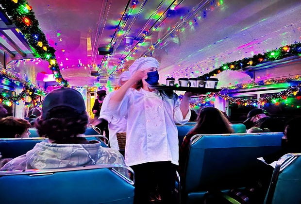 Pastry chefs dole out hot chocolate and cookies just like in the classic Polar Express story.