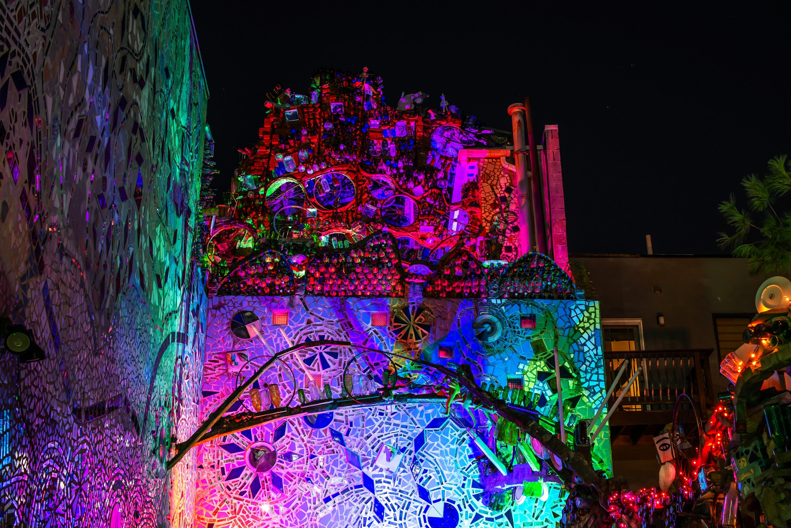 The Magic Gardens are lit up for a festive new look after dark. Photo by Pinball Photos LLC