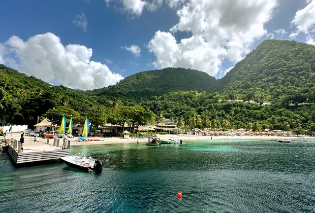 White sand beaches at Sugar Beach in St. Lucia.