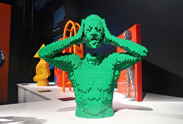The Art of the Brick Is Back at the Science Center: The green man takes his head off.
