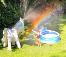 Set up a kiddie pool and mega sprinkle for backyard summer fun. Photo by Ally Noel
