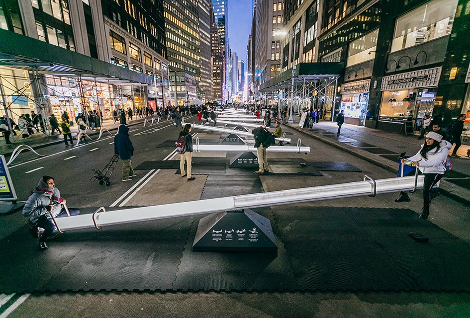  As visitors put Impulse's giant seesaws into motion, they radiate light and emit musical elements. Photo by Alexandre Ayer