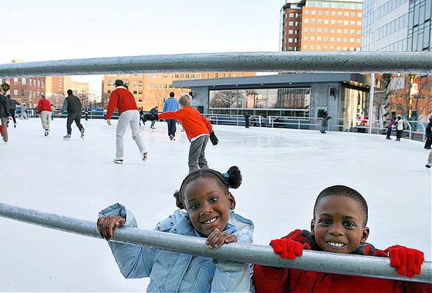 Photo of children at Kendall Square outdoor ice skating rink