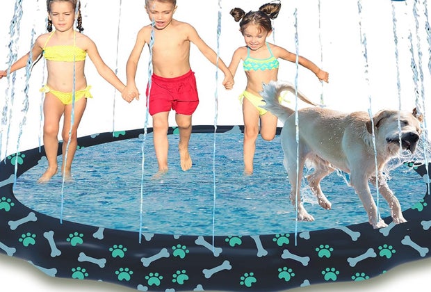 photo of kids and a dog playing in the Splash-EZ Splash Pad for Kids & Dogs