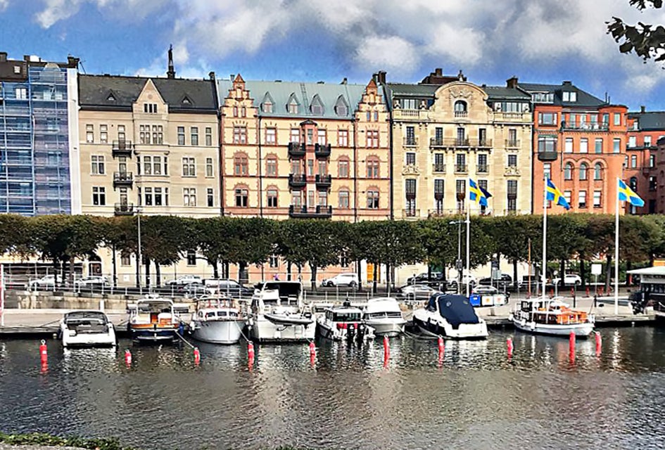 Stroll along the canal in Stockholm's Norrmalm neighborhood.