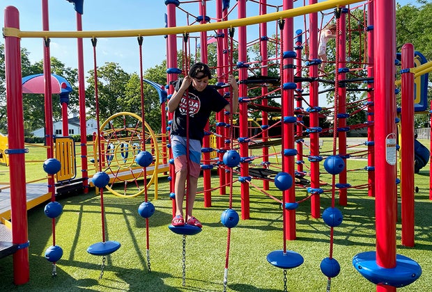 Newbridge Road Park Playground boys on a ropes course on a park playground