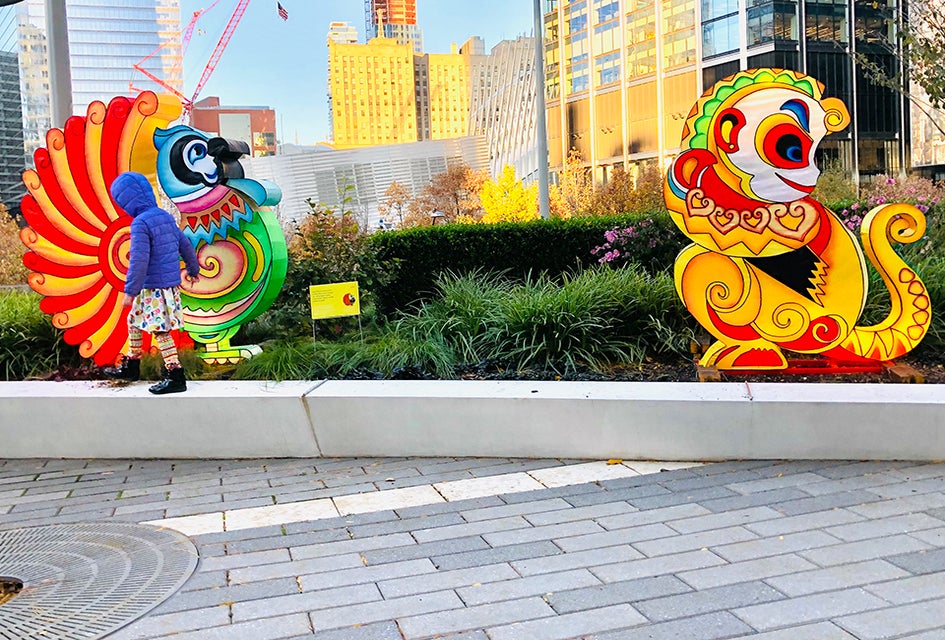 Head to Liberty Park at the World Trade Center, which has been transformed into a lantern display featuring the 12 zodiac animals from the Lunar Calendar. Photo by Janet Bloom