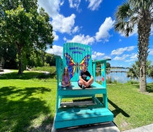 Take a photo in the big blue chair at Grantham Point.