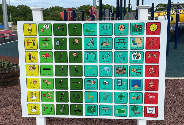 A non-verbal activity board helps kids communicate at the Toms River Field of Dreams Playground