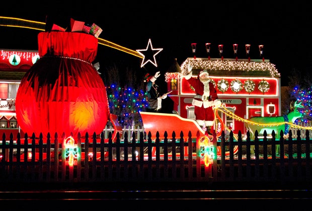 It's Santa! The Polar Express pulls up to the North Pole.