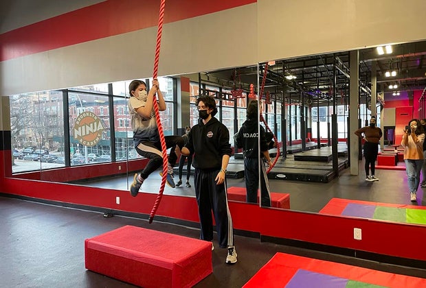 swing on a rope at the Brooklyn Ninja Academy