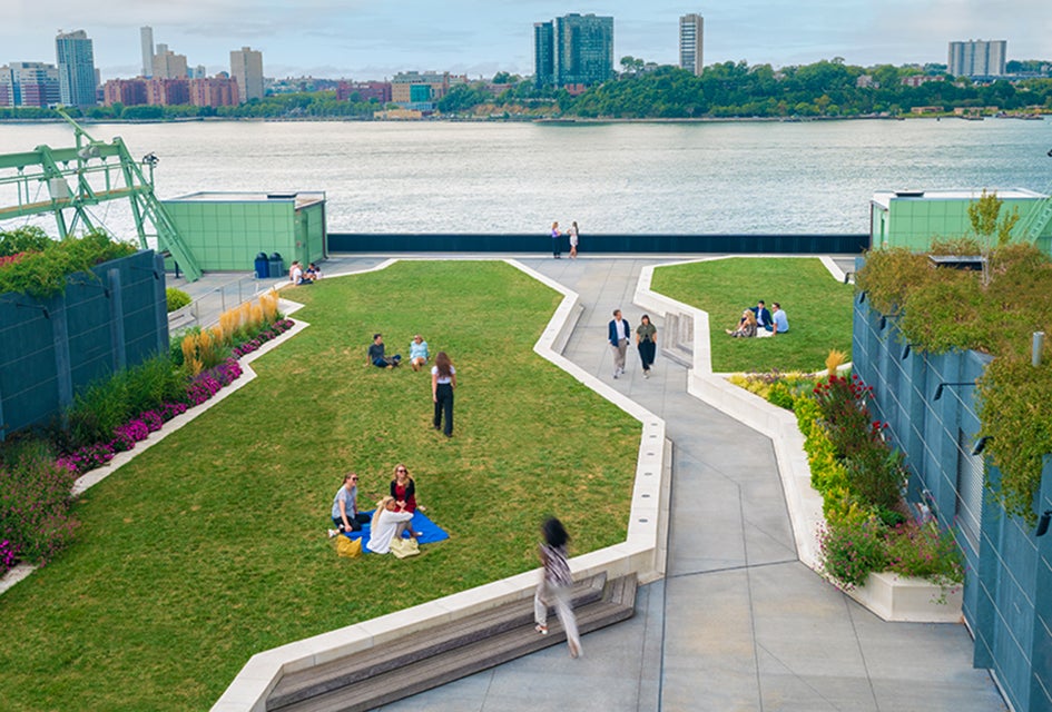 Pier 57's rooftop park offers lush landscaping, plenty of seating, and views of the city and sea. Photo courtesy of Pier 57
