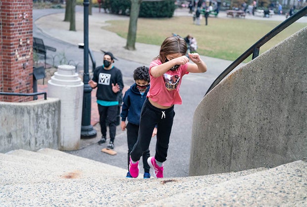 Kids doing parkour outside at the Movement Creative NYC birthdays for kids