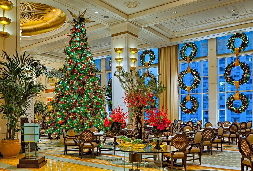Kid-Friendly Local Restaurants Open on Christmas in Chicago The artfully decorated Peninsula is a wonderful venue for Christmas Eve or Christmas Day dining, Holiday decorations by Kehoe Designs, photography by Mark Segal