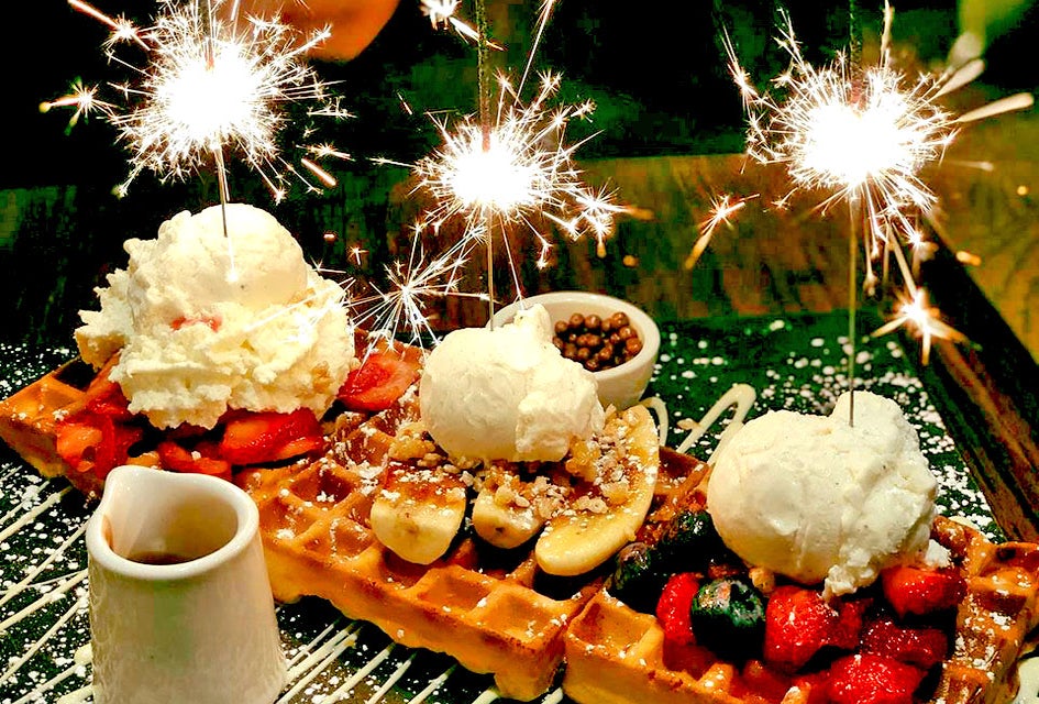 Bring a burst of birthday excitement with the sparkling Max Brenner Birthday Waffles! 