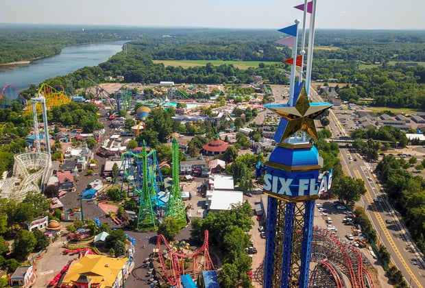 Aerial view of Six Flags New England theme park.