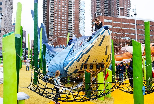 Pier 26 Playground: Kids climbing on giant fish jungle gyms