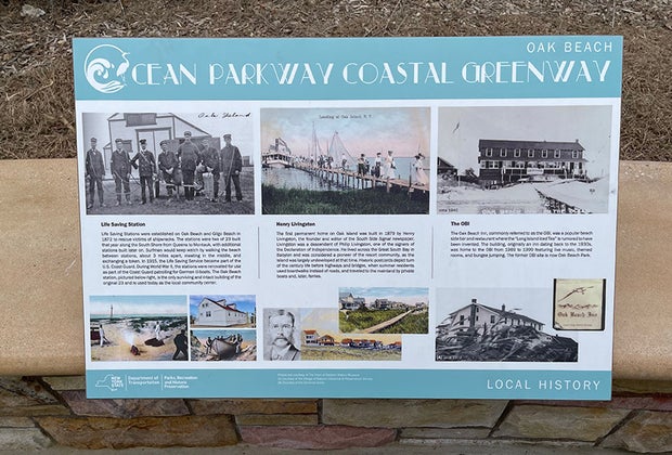 Placard about first resident of first resident of Oak Island.