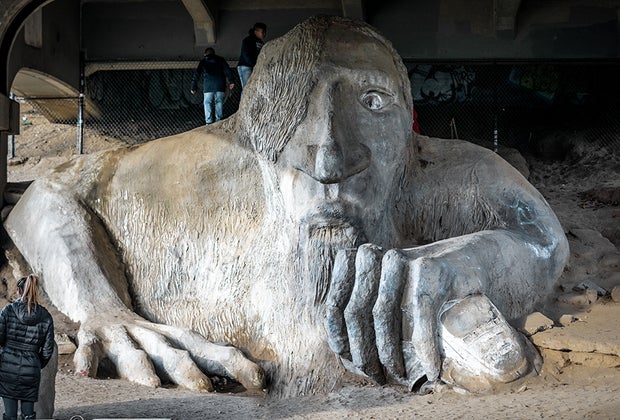 The Fremont Troll lives under a bridge, but he's really friendly!