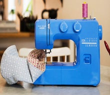 The Janome Blue Couture Easy-to-Use Sewing Machine is a great first sewing machine for kids. 